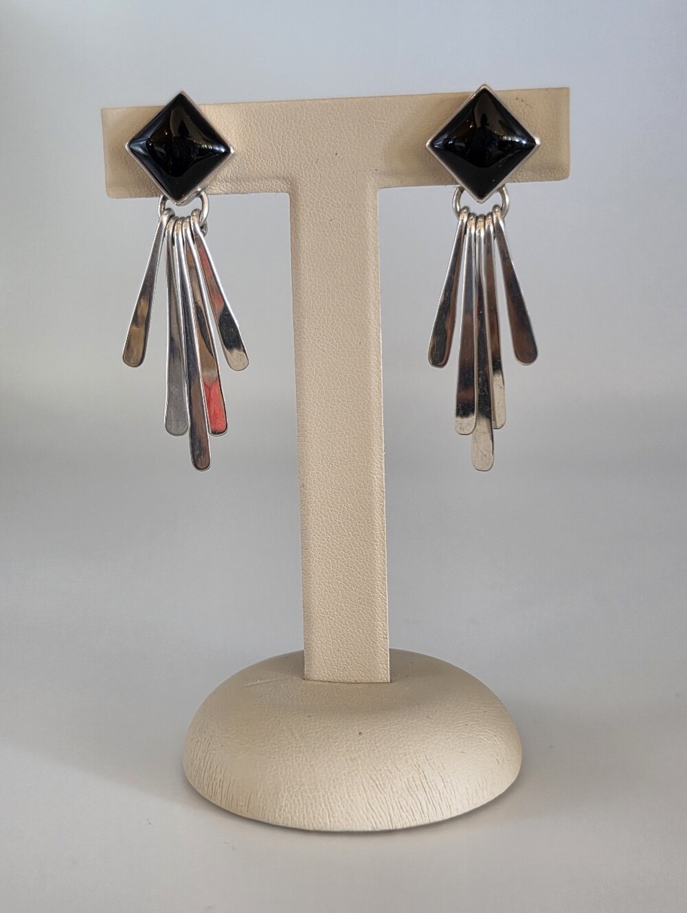 Black Stone & Sterling Silver Waterfall Silhouette Southwestern Style Earrings - Picture 5 of 9